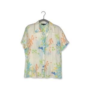 Lands' End 100% Linen Floral Print Short Sleeve Button Up Top